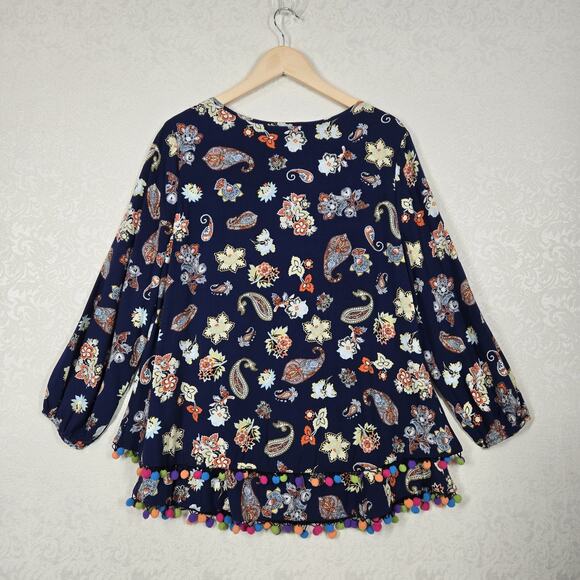Entro Pom Pom Tunic Top sz L Blue Multicolor Paisley Floral Layered Boho Fairy - Picture 10 of 16